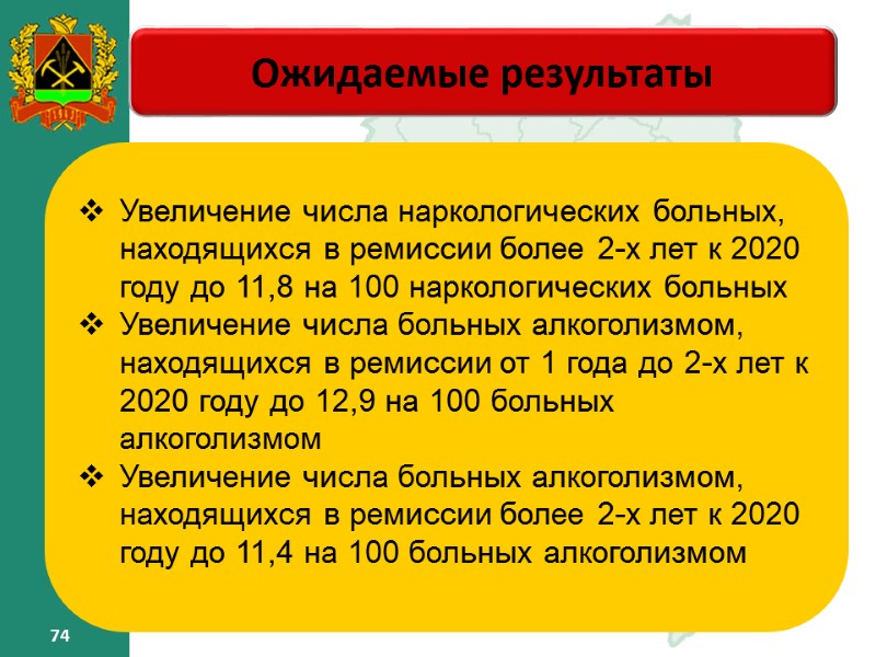 74 74 Ожидаемые результаты – Увеличение числа наркологических больных, находящихся в ремиссии 74 74 Ожидаемые результаты – Увеличение числа наркологических больных, находящихся в ремиссии
